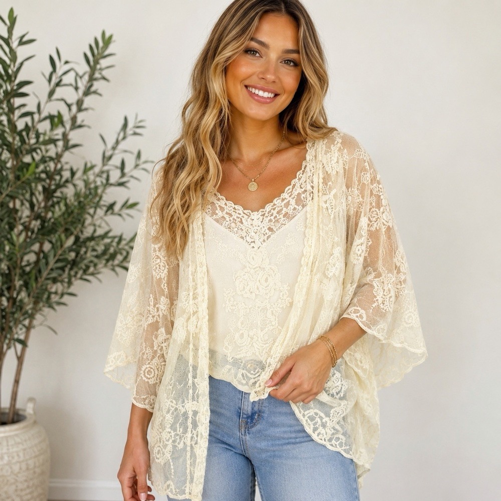 Cowboy Legend Floral Ivory Floral Lace Kimono Cardigan Sheer Boho Crochet Open